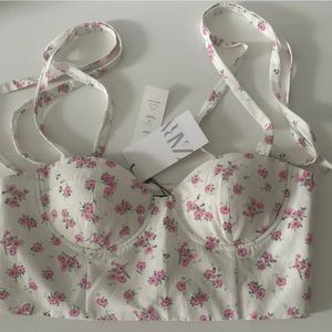 Zara Floral Linen Blend Corset Crop Top Off White Pink Bloggers Favorite